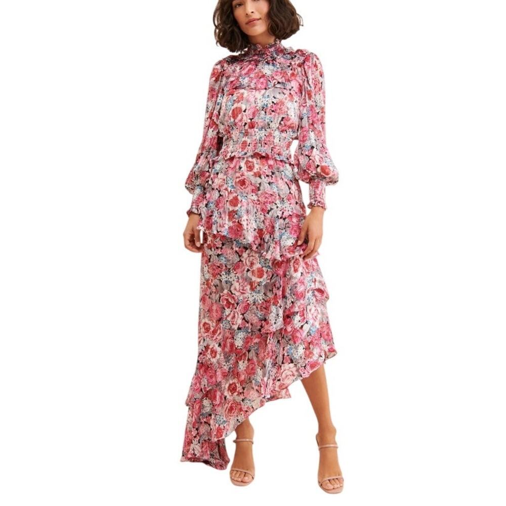 Elliatt Dorian Ruffled High Neck Asymmetric Midi Pink Metallic Floral Dress